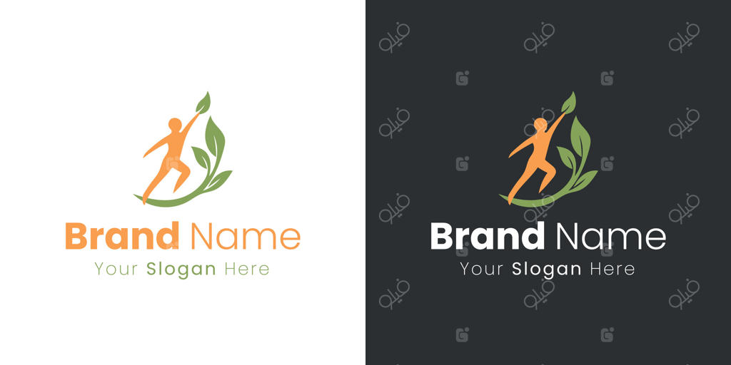 لوگوی انتزاعی الهام‌بخش: انسانی در تلاش برای رشد با برگ‌های سبز