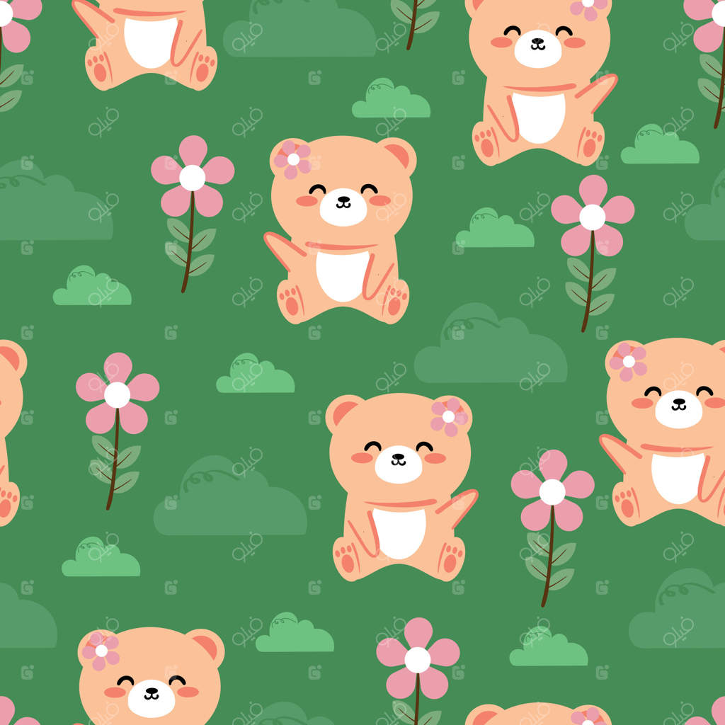 پترن یکپارچه با خرس کارتونی بامزه و عناصر باغ، مناسب برای چاپ پارچه، منسوجات و کاغذ کادو در سبک شاد و کودکانه