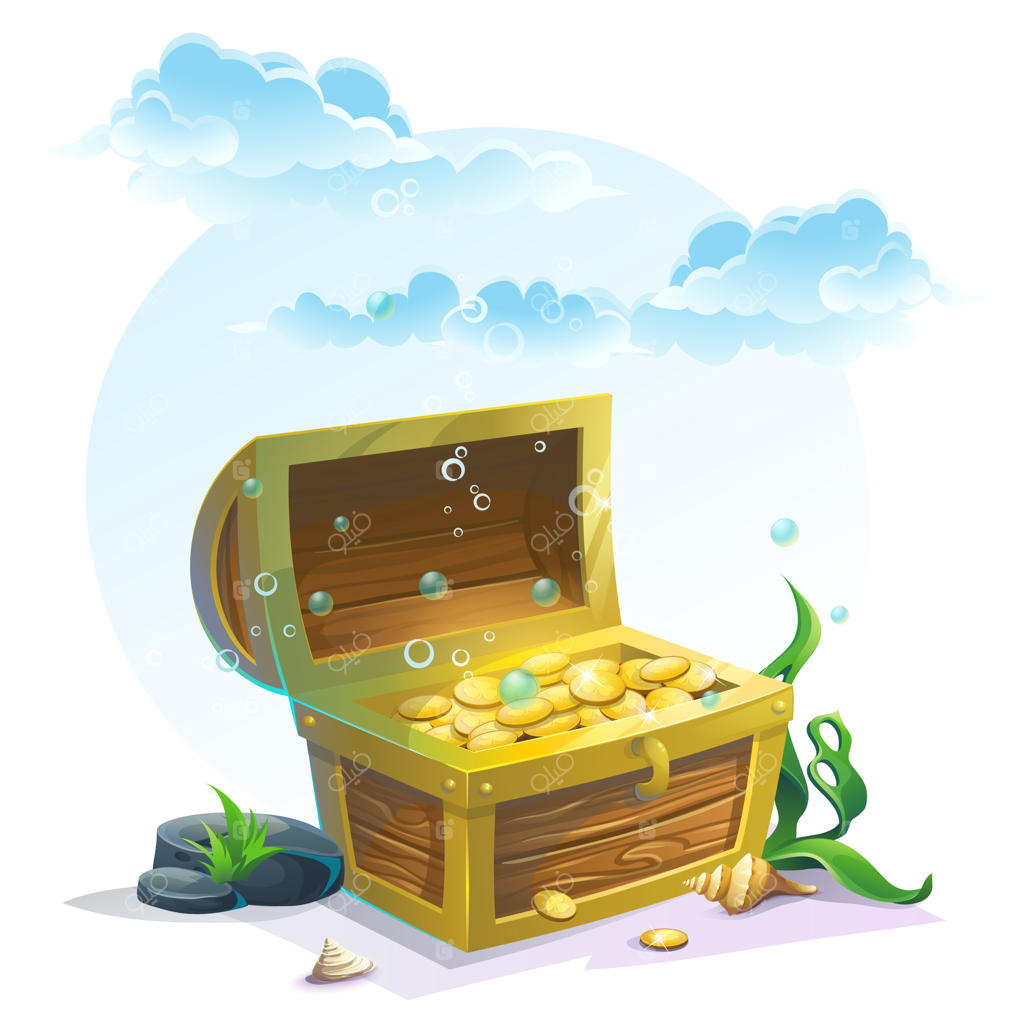 جعبه طلای مدفون در شن و زیر آسمان آبی - تصویر برداری