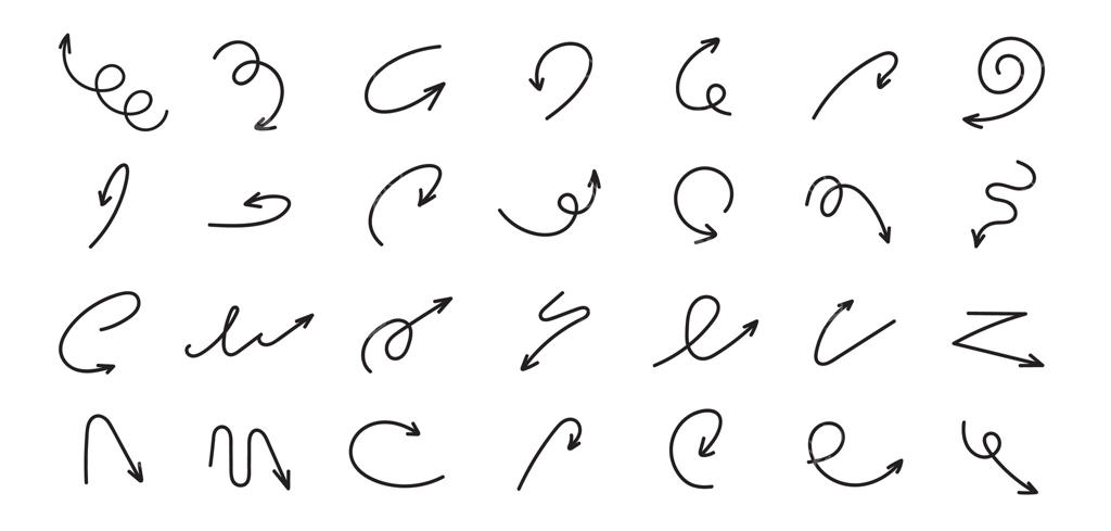 پیکان‌های دست‌نویس با انحناها، حلقه‌ها و مارپیچ‌ها در سبک طراحی دستی. نشانگرهای ساده برای نکات، برجسته‌سازی رابط کاربری و اینفوگرافیک‌ها. مجموعه‌ای خنده‌دار از پیکان‌های باریک و خطی