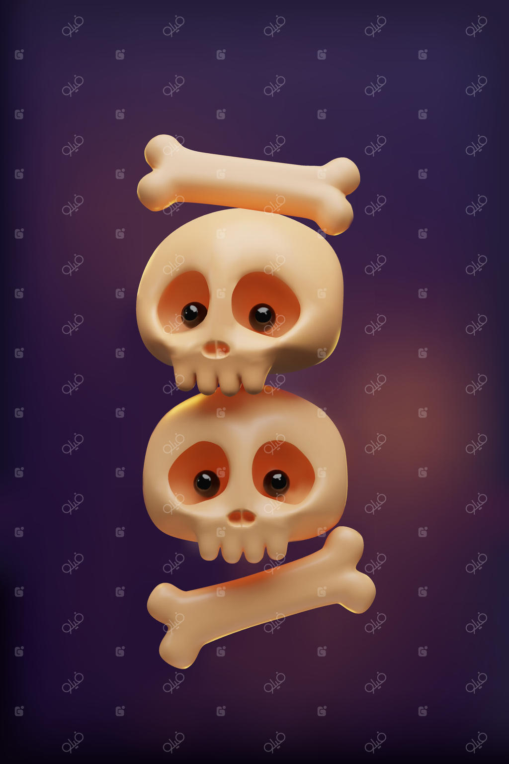 بنر سه‌بعدی هالووین با جمجمه‌ها و استخوان‌ها. طراحی تصویر سه‌بعدی برای دعوت‌نامه مهمانی ترسناک. پوستر مفهومی شب شوم پاییزی. اسکلت ترسناک و شاد روی کارت درخشان.