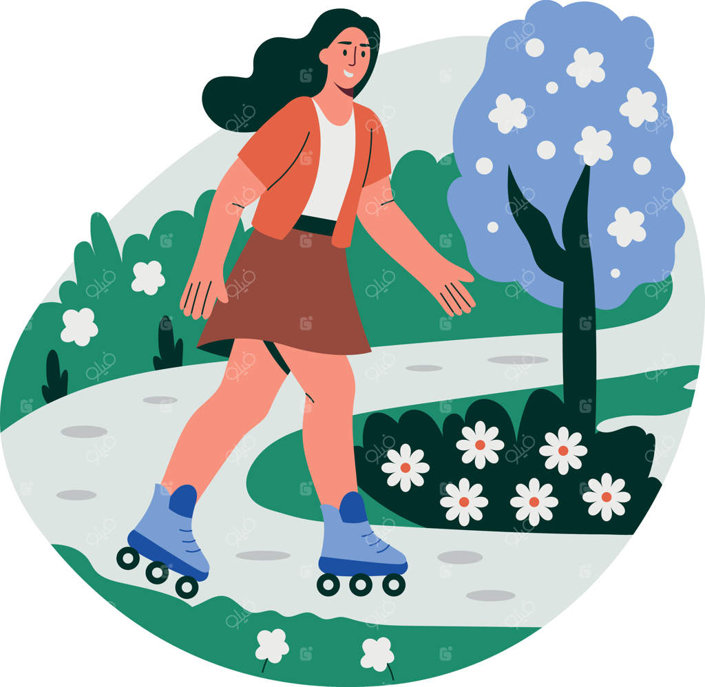 دختری که در باغ اسکیت‌سواری می‌کند، تصویرسازی به سبک تخت