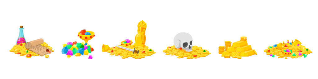 گنج طلای کارتونی: توده‌ای جدا از آجرهای فلزی برای بازی، عناصر باستانی، سکه‌ها و الماس‌ها در کاسه، مجموعه جدید وکتور مالی