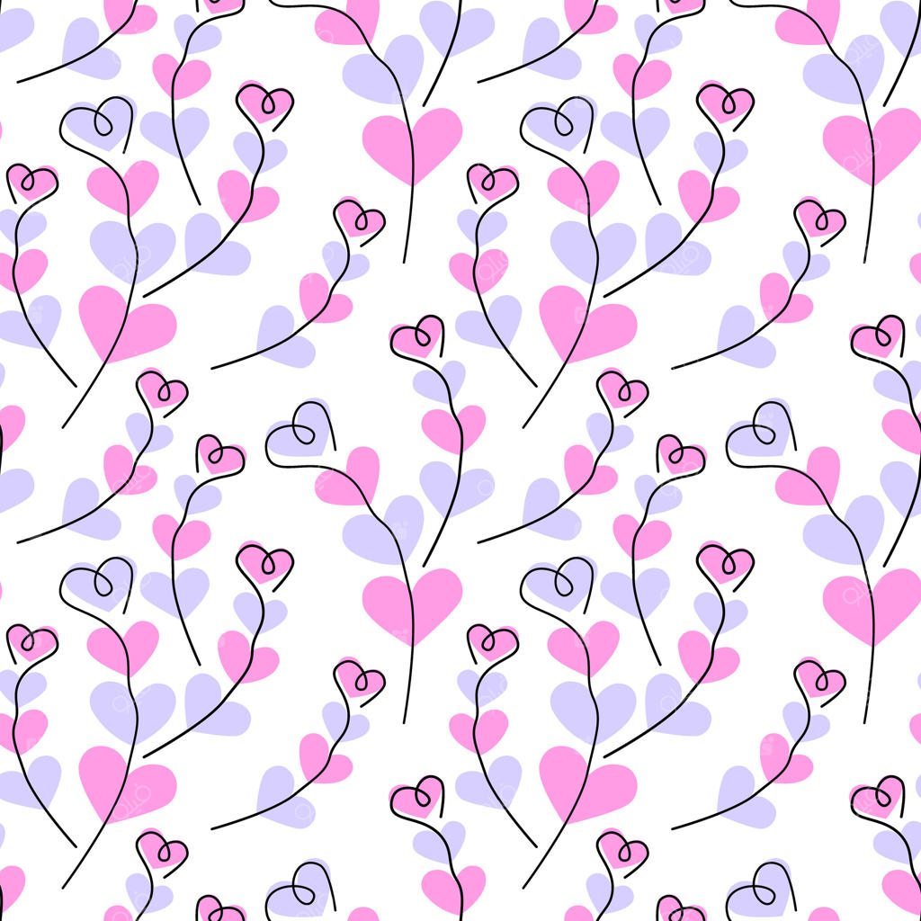 شاخه‌های قلبی شکل و نقاط قلبی شکل با ترکیب رنگ‌های بنفش و صورتی مد روز: پترن یکپارچه. تصویر جداگانه مناسب برای کاغذ دیواری، کارت‌های تبریک موضوعی، دعوت‌نامه یا بنرهای تبلیغاتی وب.