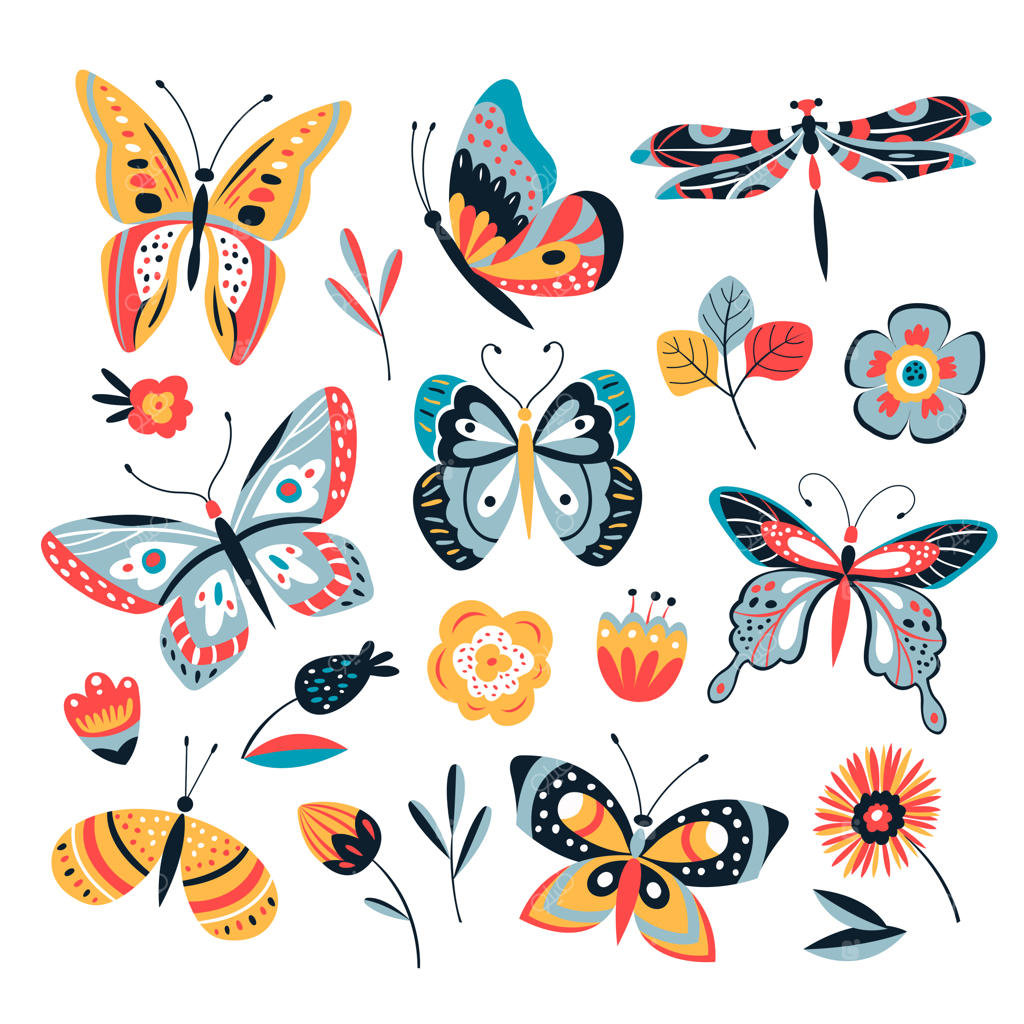 نقاشی رنگی پروانه، شب‌پره و گل‌ها؛ مجموعه حشرات قدیمی