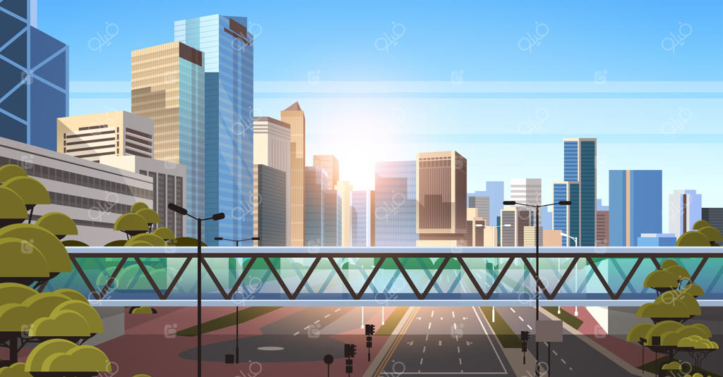 پل عابر پیاده بر روی بزرگراه با علائم ترافیکی و نشانه‌گذاری‌ها