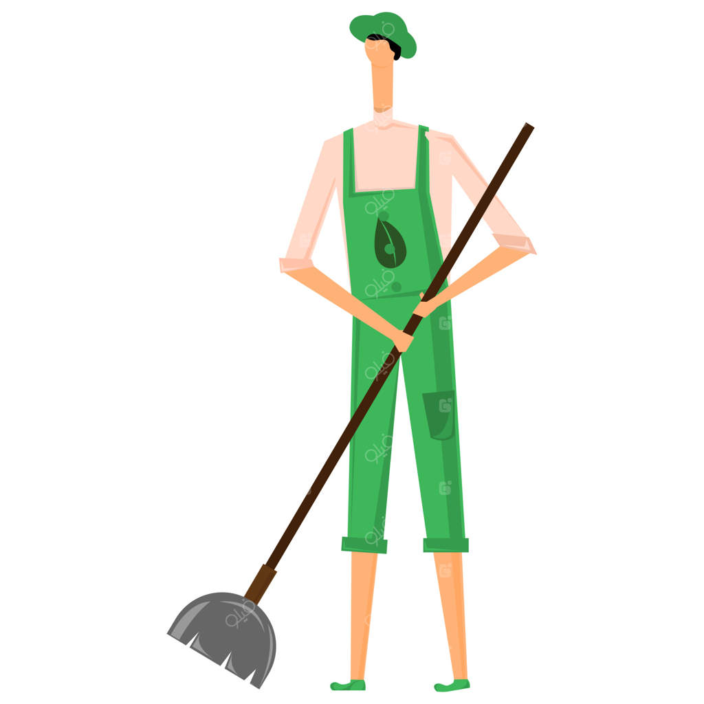 پسر جوان کارتون در حال جارو زدن روی زمینه سفید.