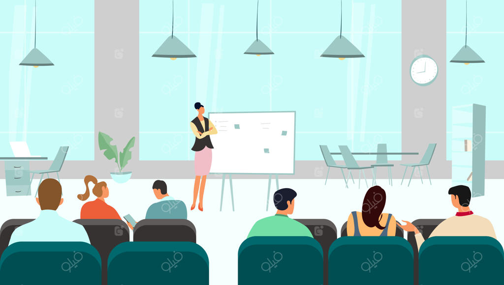 تصویرسازی ارائه در کنفرانس تجاری، افراد حاضر در سمینار و مدیر جلسه تیمی