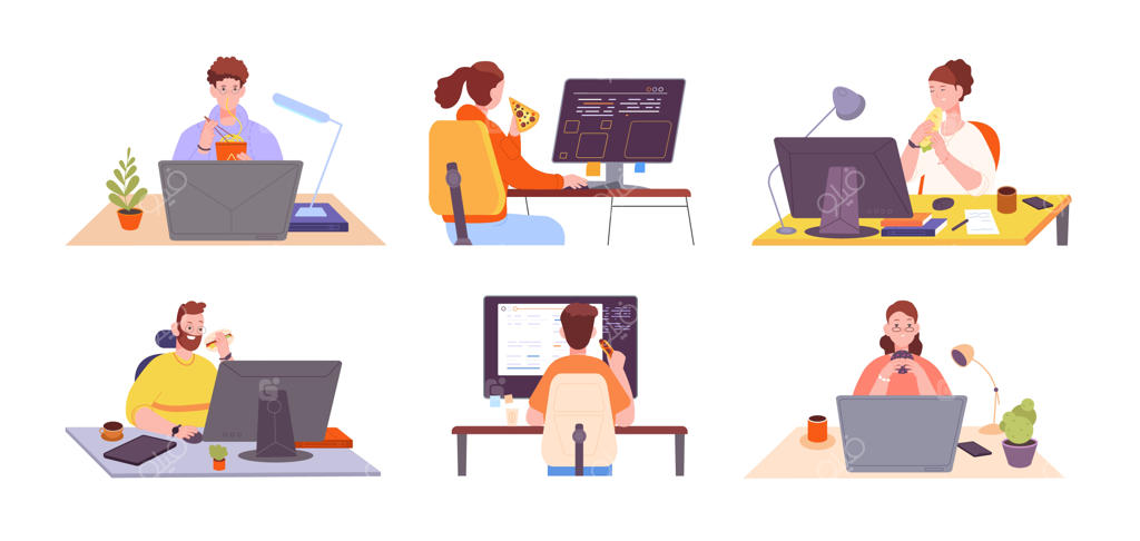 غذا خوردن در محل کار: زنی غذای خانگی می‌خورد و مردی با اسنک پشت کامپیوتر مشغول است، کار از راه دور و لذت بردن از برگر در محل کار فریلنسری