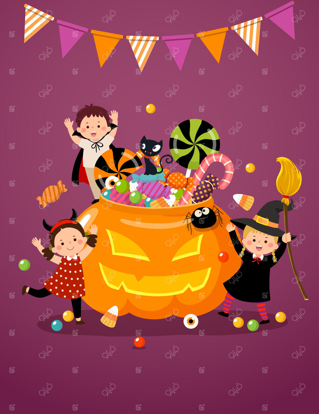 بچه‌های خوشحال در لباس‌های هالووین و یک کدو تنبل پر از آب‌نبات‌ها.