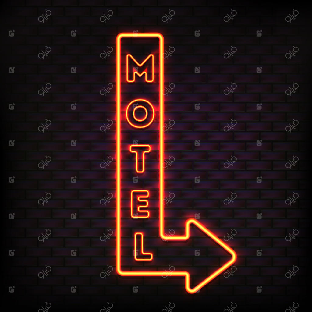 مجموعه نشانه‌های نئون با فلش چشمک‌زن موتور، دکمه درخشان و حروف نورانی نارنجی - تصویر وکتور