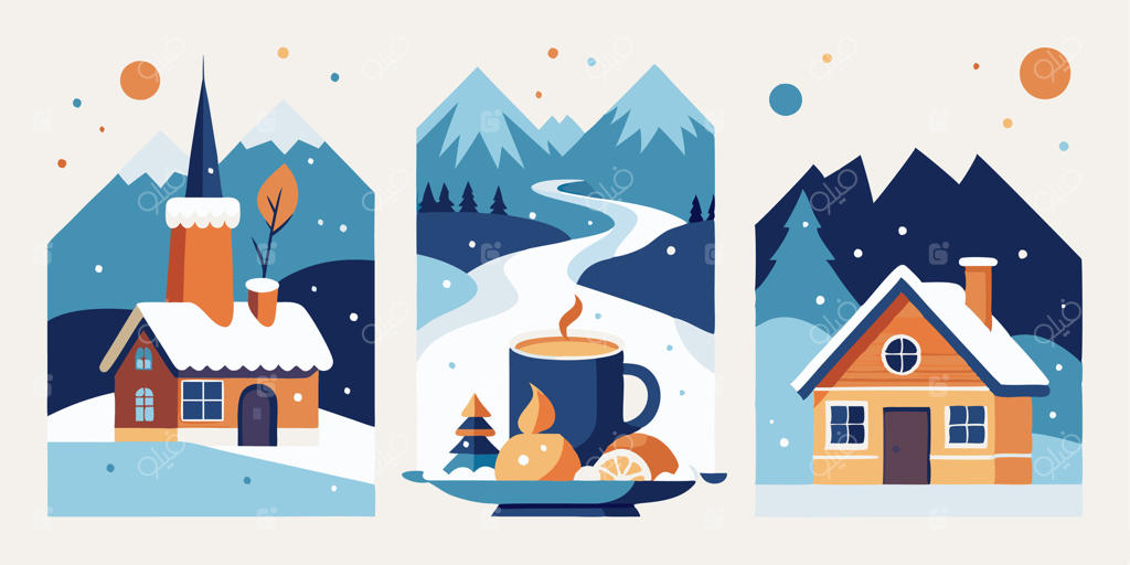 منظره زمستانی با خانه‌ها، قهوه و یک فنجان قهوه