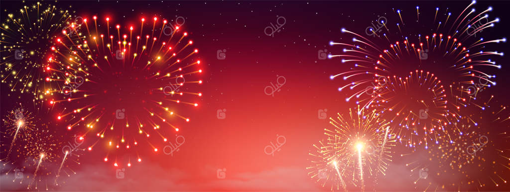 بنر آتش‌بازی و فشفشه با نمادهای ولنتاین به صورت واقع‌گرایانه