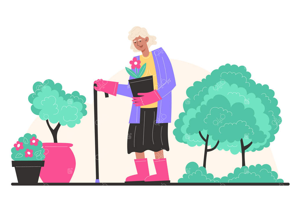 پیرزنی با عصا در باغ ایستاده و گیاهی را در گلدان نگه داشته است