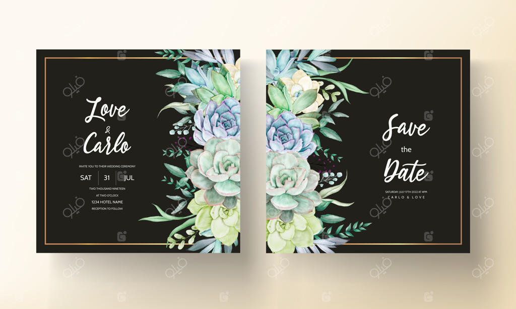 قالب دعوت‌نامه عروسی با طراحی دستی زیبا از گیاهان و گل‌های آبرنگی