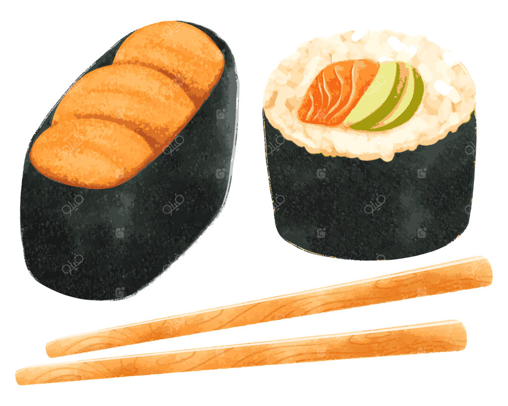 مجموعه‌ای از تصاویر آبرنگی غذاهای سوشی ژاپنی