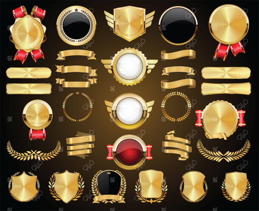 مجموعه‌ای از نشان‌های طلایی، برچسب‌ها، تاج‌های افتخار و پلاک‌های فلزی