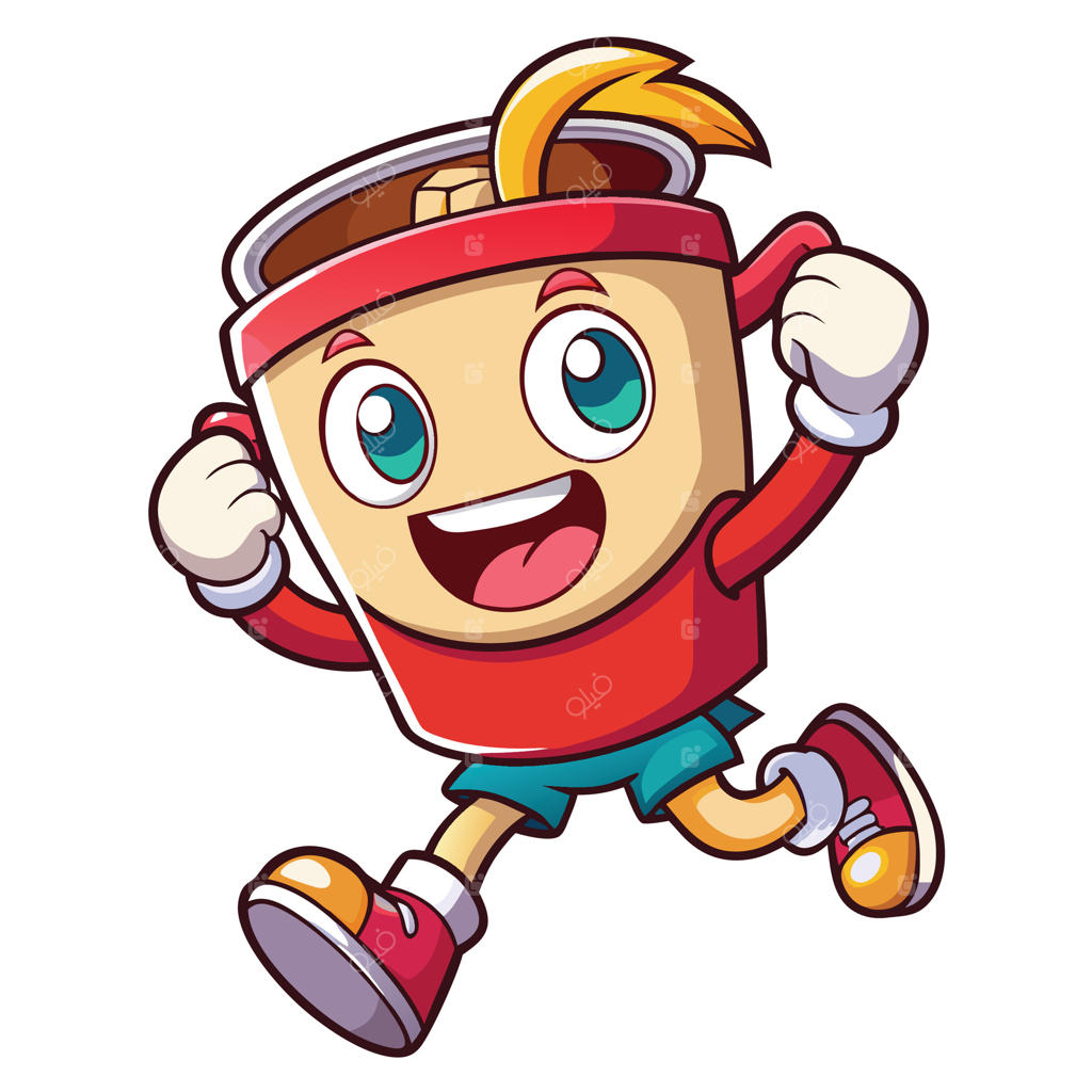 لیوان قهوه کارتونی با لبخند در حال دویدن