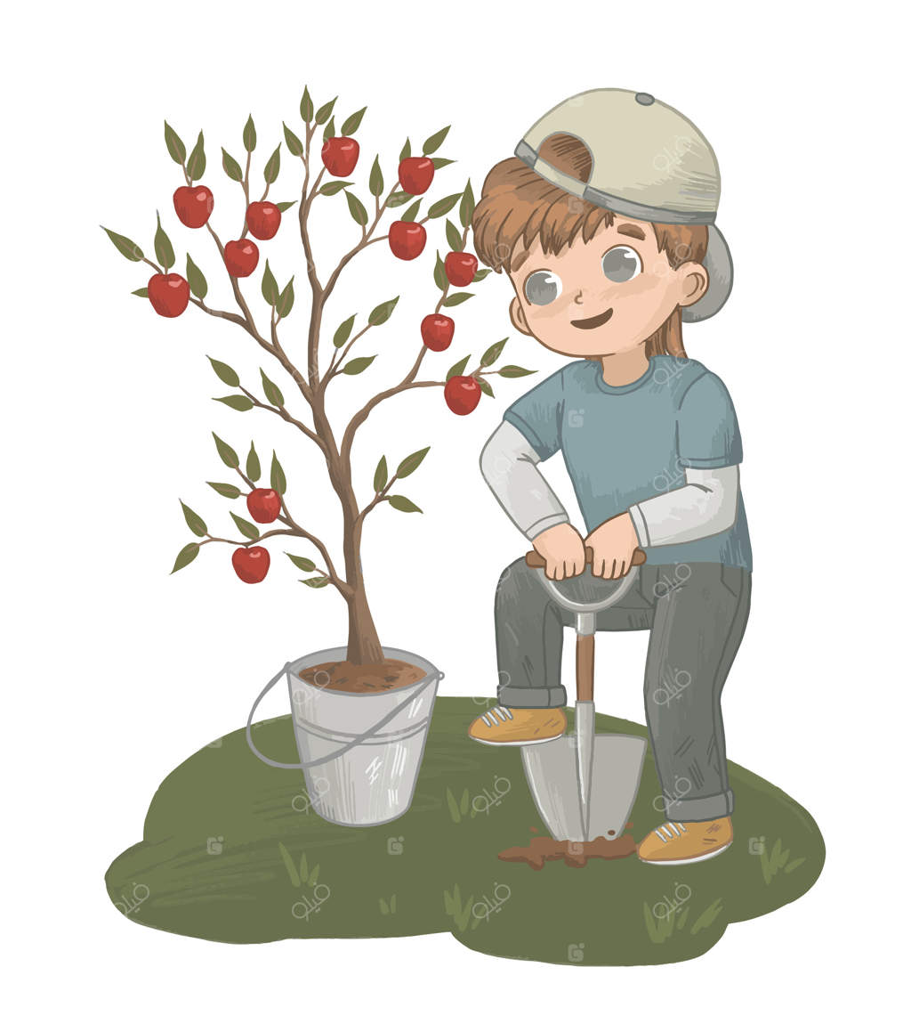 پسر در حال کاشت درخت سیب در باغ