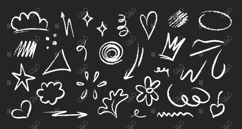 ترکیب گچ با طرح‌های فلش، قلب، ستاره، تاج، مارپیچ، نمادهای انتزاعی و اشکال بازیگوش با ماژیک یا مداد. عناصر طراحی انتزاعی با گچ رنگی روی تخته‌سیاه. ایده‌آل برای