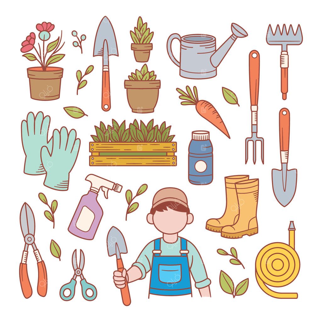 مجموعه ابزار باغبانی به سبک نقاشی دستی دودل