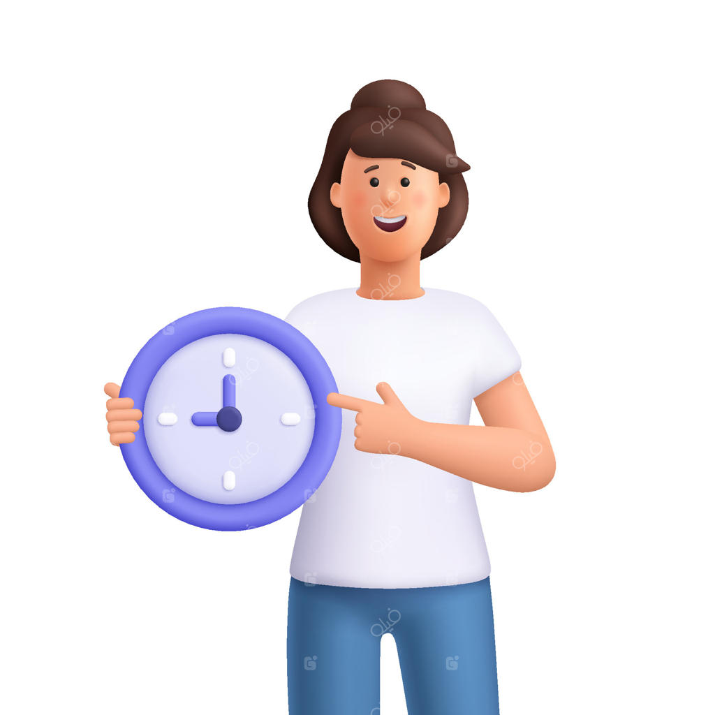 زن جوان و خندان به نام جین ساعتی گرد در دست دارد و به آن اشاره می‌کند. مفهوم وقت‌شناسی، زمان‌بندی، یادآوری‌ها، مدیریت زمان و ضرب‌الاجل‌ها. شخصیت سه‌بعدی به سبک کارتونی و مینیمال.