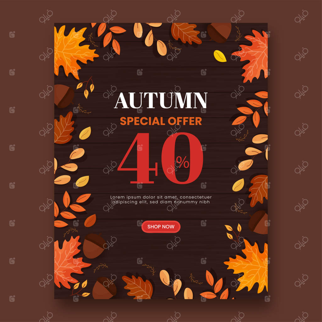 طراحی پوستر فروش پاییزی با برگ‌های پاییزی و تزیین شده با بلوط روی زمینه چوبی قهوه‌ای