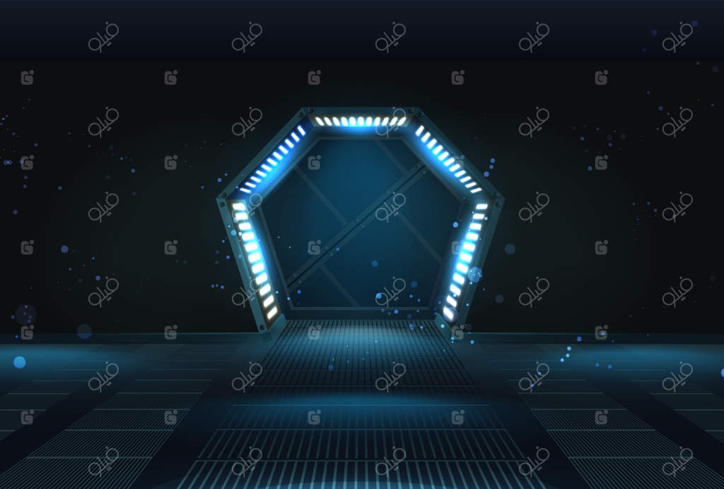 تصویرسازی وکتور واقع‌گرا: بنر درب‌های کشویی شش‌ضلعی در زمینه علمی تخیلی سفینه فضایی