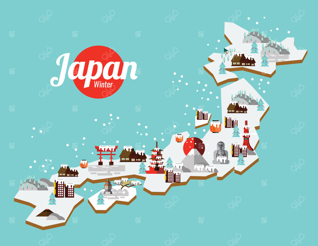 نقشه و نشانه‌های زمستانی ژاپن برای سفر - عناصر و آیکون‌های طراحی ساده