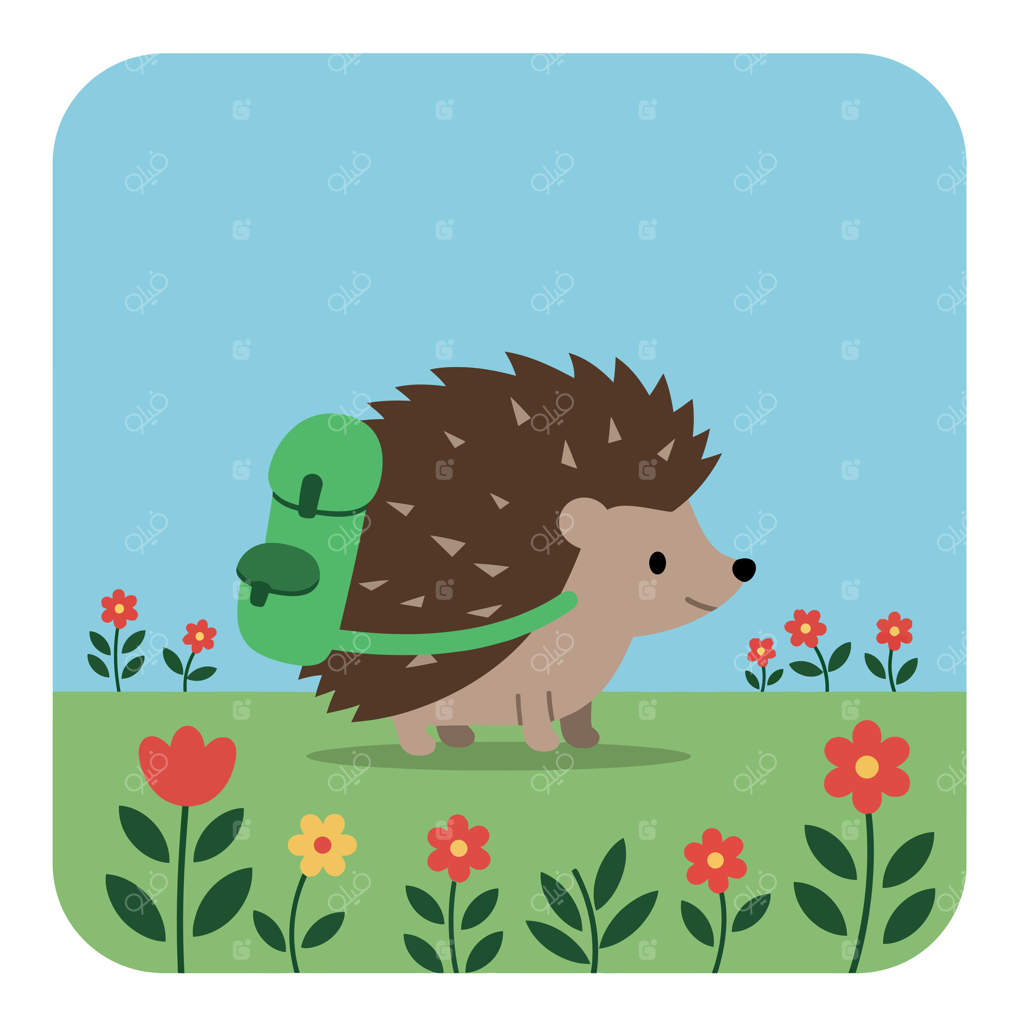 تیزپای شاد با کوله‌پشتی سبز در حال گشت و گذار در باغ گل‌های رنگارنگ در هنر تخت