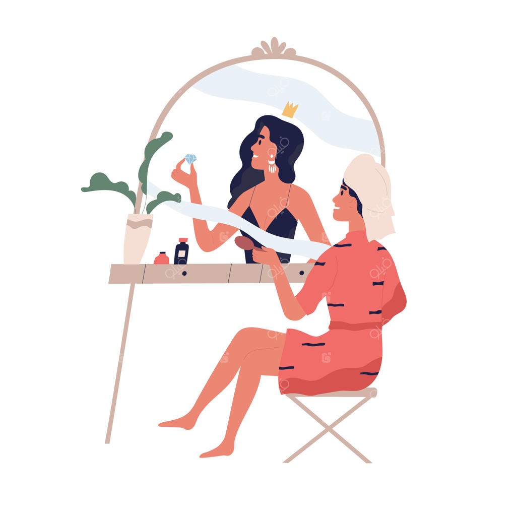 مفهوم روان‌شناختی عزت نفس بالا، رضایت‌مندی و خودشیفتگی. زنی که به آینه نگاه می‌کند و آرزوی زیبایی دارد. تصویرسازی جذاب و رنگی روی زمینه سفید.