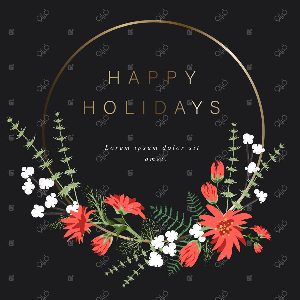 قالب گرد طلایی برای تزئین متن شما با گل‌ها، توت‌ها، برگ‌ها و گیاهان دیگر: قاب درخشان برای کارت هدیه و تبریک‌های دیگر در تعطیلات، روی زمینه سیاه‌رنگ.