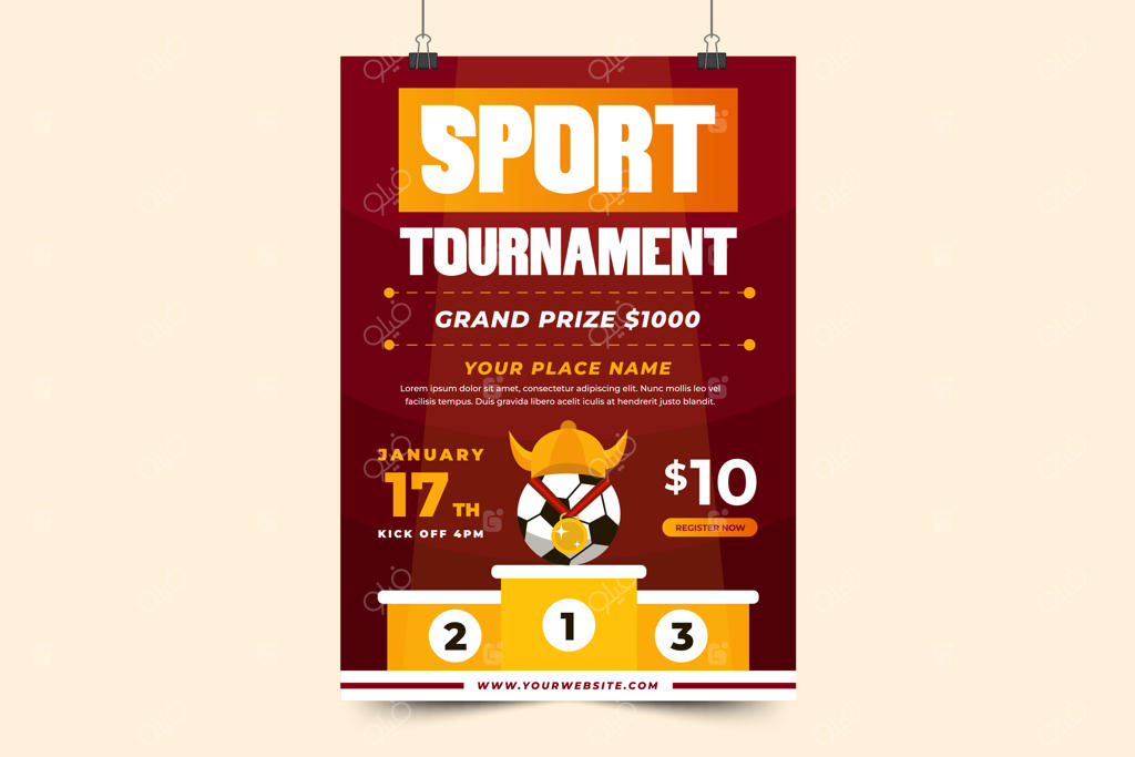 الگوی طراحی پوستر یا بروشور برای رویداد ورزشی مسابقات فوتبال، قابل تنظیم و شخصی‌سازی آسان