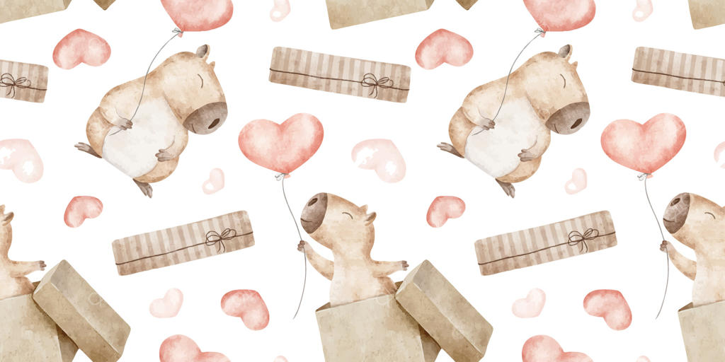 کاپی‌باراها با بادکنک‌های قلب قرمز و جعبه‌های هدیه. پس‌زمینه ولنتاین با جوندگان بامزه. پترن آبرنگی دست‌ساز و یکپارچه. طرح خوکچه هندی برای ۱۴ فوریه، پارچه و کاغذ کادو