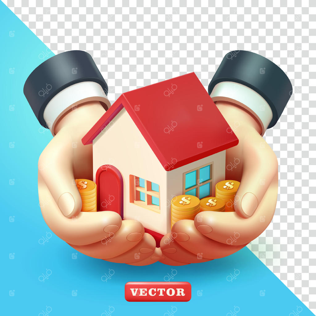 دستانی که خانه و پول در دست دارند، سه‌بعدی. مناسب برای تجارت، املاک و عناصر طراحی