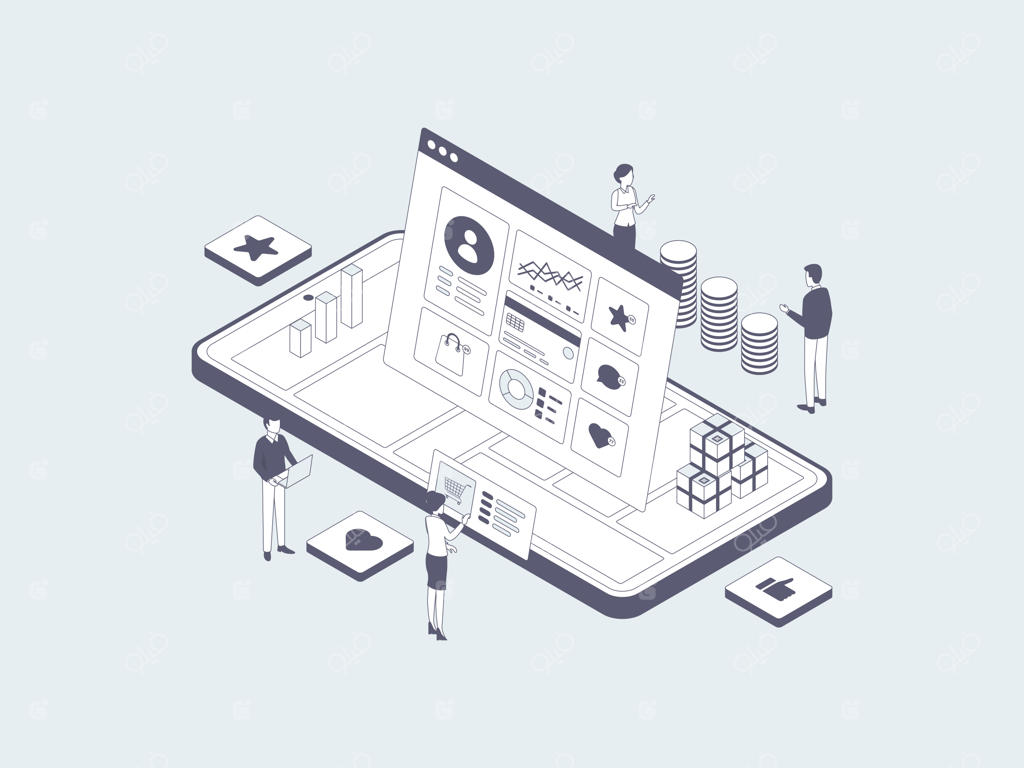 بازاریابی دیجیتال: تصویر خطی ایزومتریک خاکستری. مناسب برای اپلیکیشن موبایل، وب‌سایت، بنر، نمودارها، اینفوگرافیک و دیگر عناصر گرافیکی.