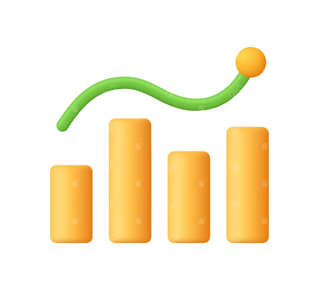 نمودار رشد زرد با ستون‌ها، نمودار بالا و پایین. بازار سهام مالی، تحلیل داده‌ها و مفهوم کسب و کار. آیکون سه‌بعدی. سبک کارتونی ساده.