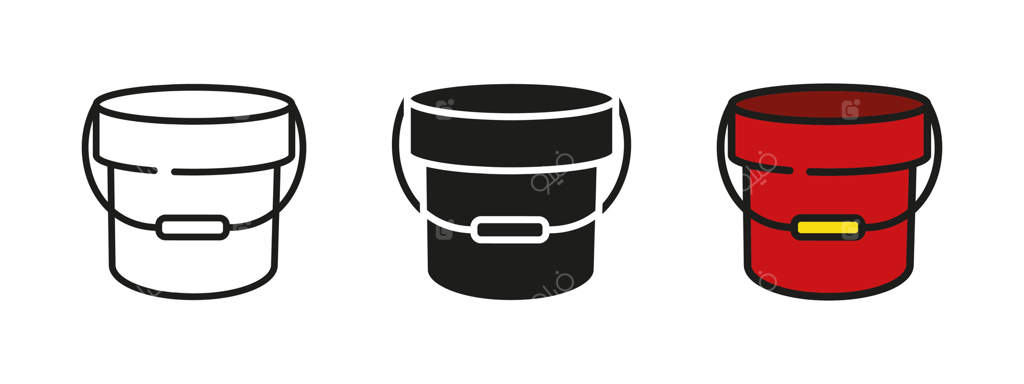 نماد سطل: تصویر سطل پلاستیکی شن. علامت ظرف آب قرمز یا سطل زباله. نماد باغبانی: گلدان قرمز با دسته.