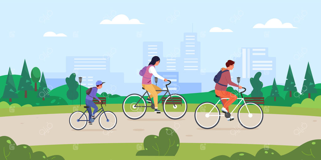 دوچرخه‌سواری خانوادگی در پارک شهر: فعالیتی شاد برای والدین و کودکان - تصویرسازی وکتور از طبیعت و زندگی سالم