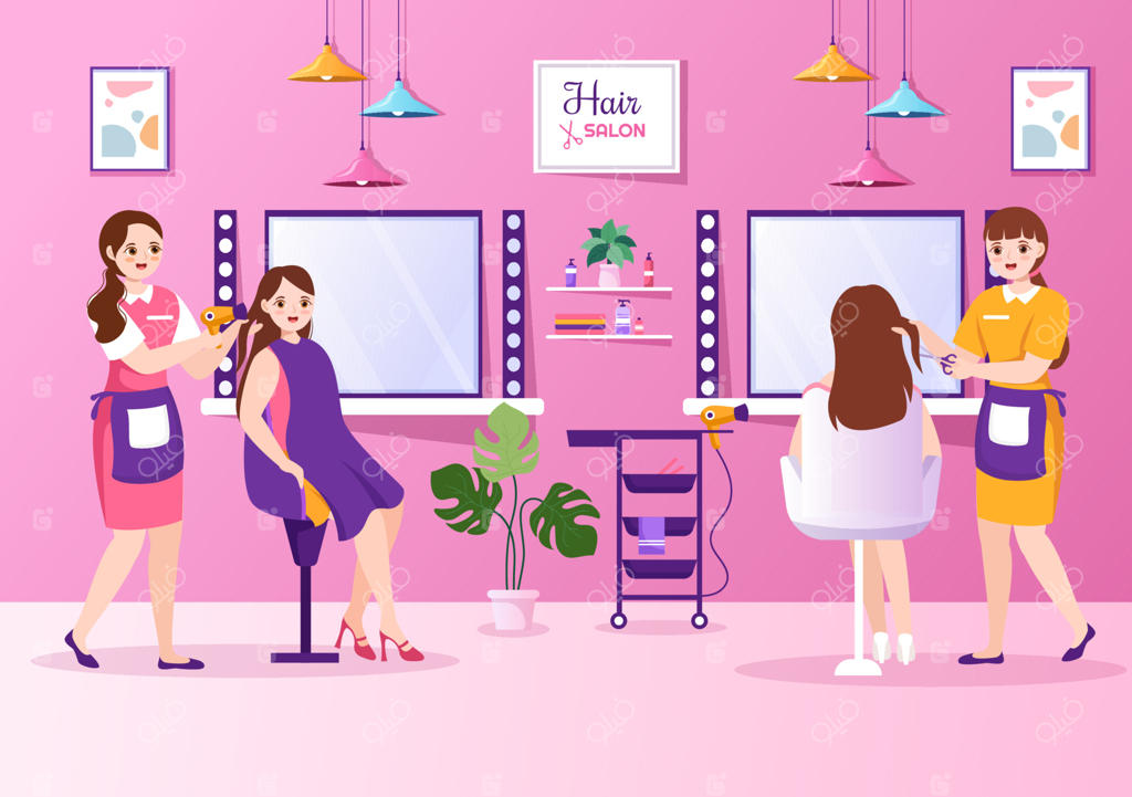 آرایشگاه با آرایشگر، کوتاه کردن مو، مراقبت از مو و مدل مو در سالن زیبایی یا سلمانی به سبک کارتونی دستی