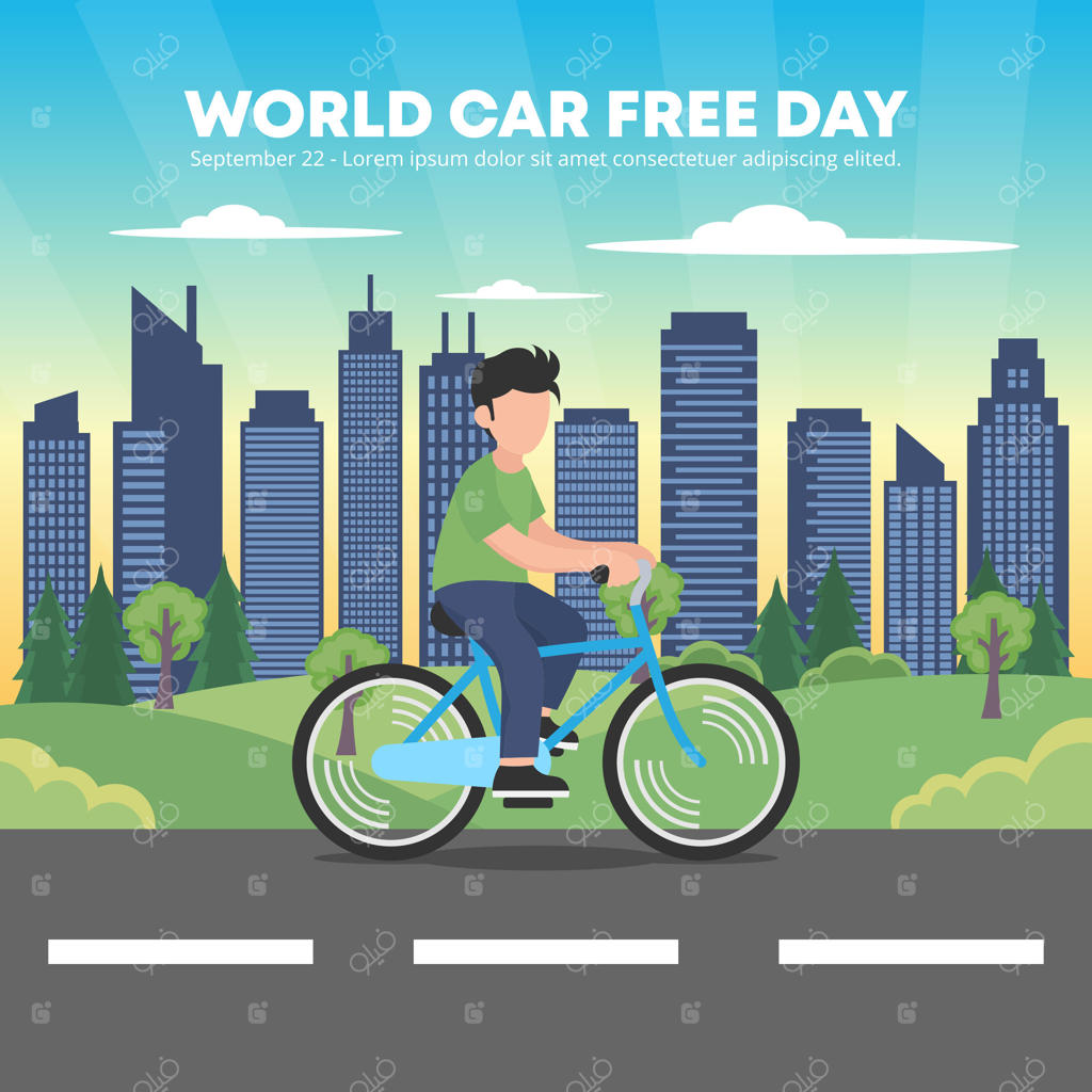 طراحی روز جهانی بدون خودرو با مردی در حال دوچرخه‌سواری