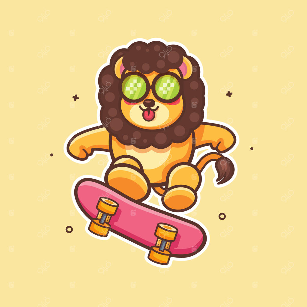شخصیت کارتونی و مسکات شیر باحال در حال اسکیت‌سواری، ایزوله شده