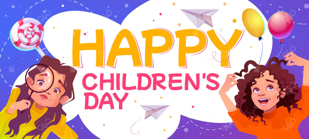 بنر روز کودک مبارک با دختران پیش‌دبستانی خندان، بادکنک‌ها، آب‌نبات‌ها و نوشته شادی‌بخش