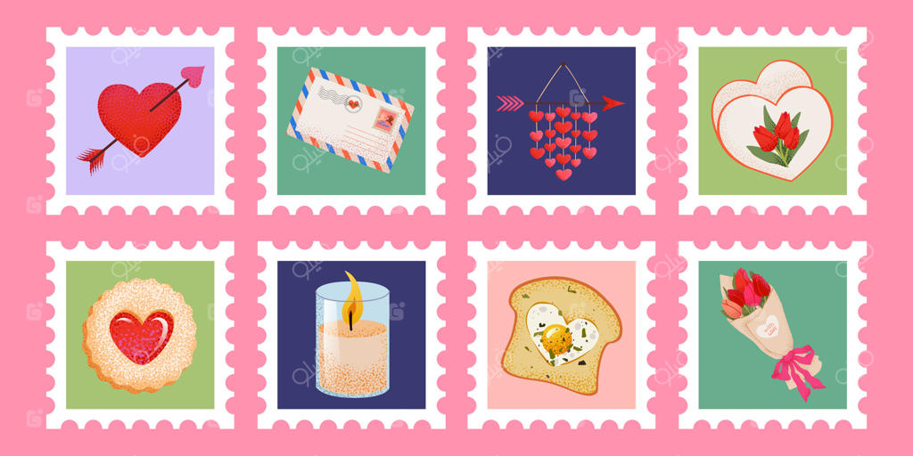 مجموعه تمبر روز ولنتاین و عشق رمانتیک: عناصر بامزه مانند قلب‌ها، گل‌ها، شیرینی‌ها و دکور برای نامه عاشقانه، برچسب‌ها، اسکرپ‌بوک و کارت‌های تبریک با طراحی کارتونی.