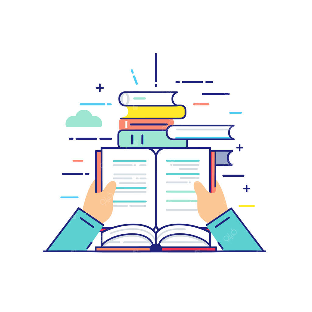 دست‌ها کتاب باز را نگه می‌دارند، انبوهی از کتاب‌های رنگارنگ بالای آن - مفهوم یادگیری، آموزش و علاقه به مطالعه