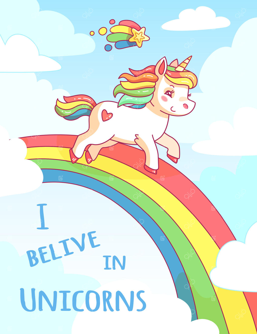 تک‌شاخ بازیگوشی با یال رنگین‌کمانی بر روی رنگین کمانی زنده و پرجنب‌وجوش قدم می‌زند، در حالی که آسمانی پر از ابرهای پف‌کرده و ستاره‌ها، جادوی باور به تک‌شاخ‌ها را جشن می‌گیرد.