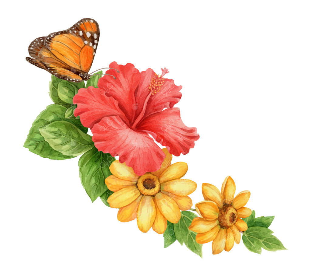 ترکیب تابستانی گل ختمی با آفتابگردان و پروانه شهریار: هنر آبرنگی دست‌کشیده با برگ. عنصر گرافیکی برای تعطیلات. مناسب برای قالب کارت تابستان و طراحی فصل تعطیلات.