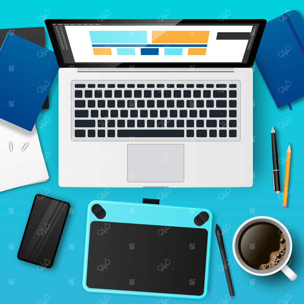 محل کار طراح واقعی با لپ‌تاپ، تبلت گرافیکی و قهوه: طراحی سایت سه‌بعدی، توسعه رابط کاربری و تجربه کاربری