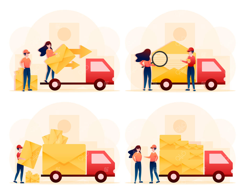 مجموعه‌ای از پستچی‌های جوان در حال کار با نامه و بسته‌ها