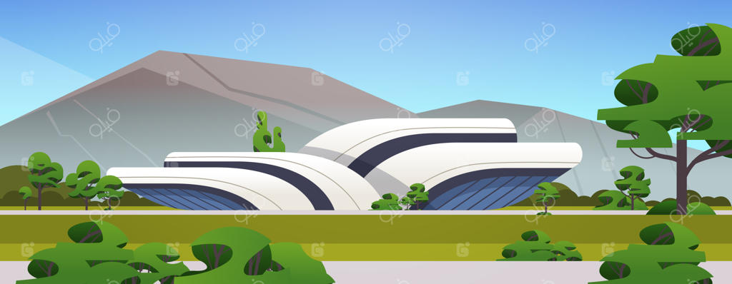 شهر آینده: اشکال غیرمعمول، ساختمان‌های مدرن، درختان سبز و معماری نوین شهری - تصویرسازی افقی